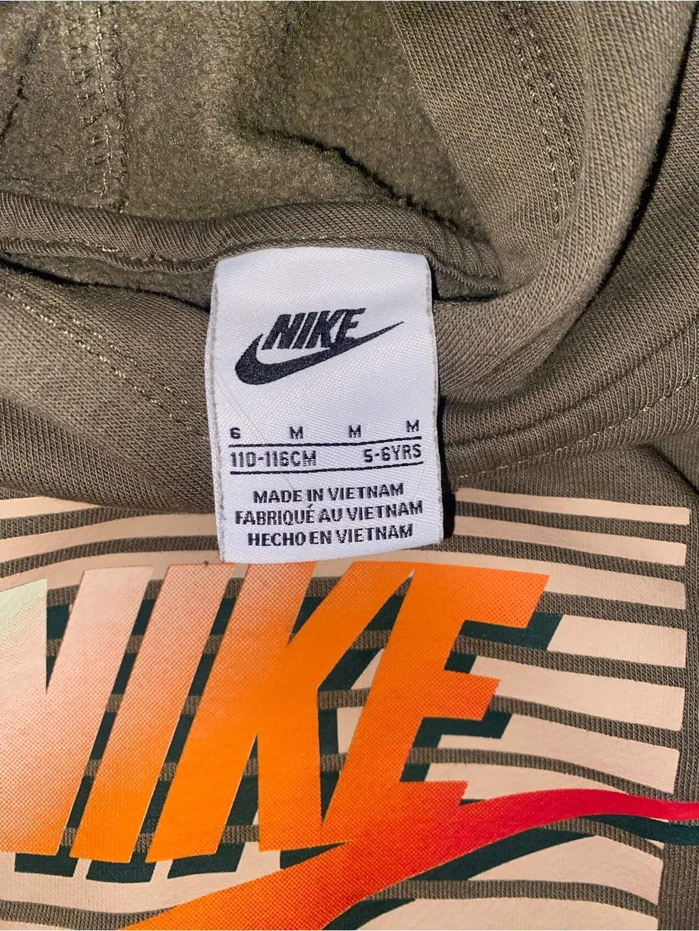 Nike Kids Olive Green Hoodie with Orange Gradient Logo